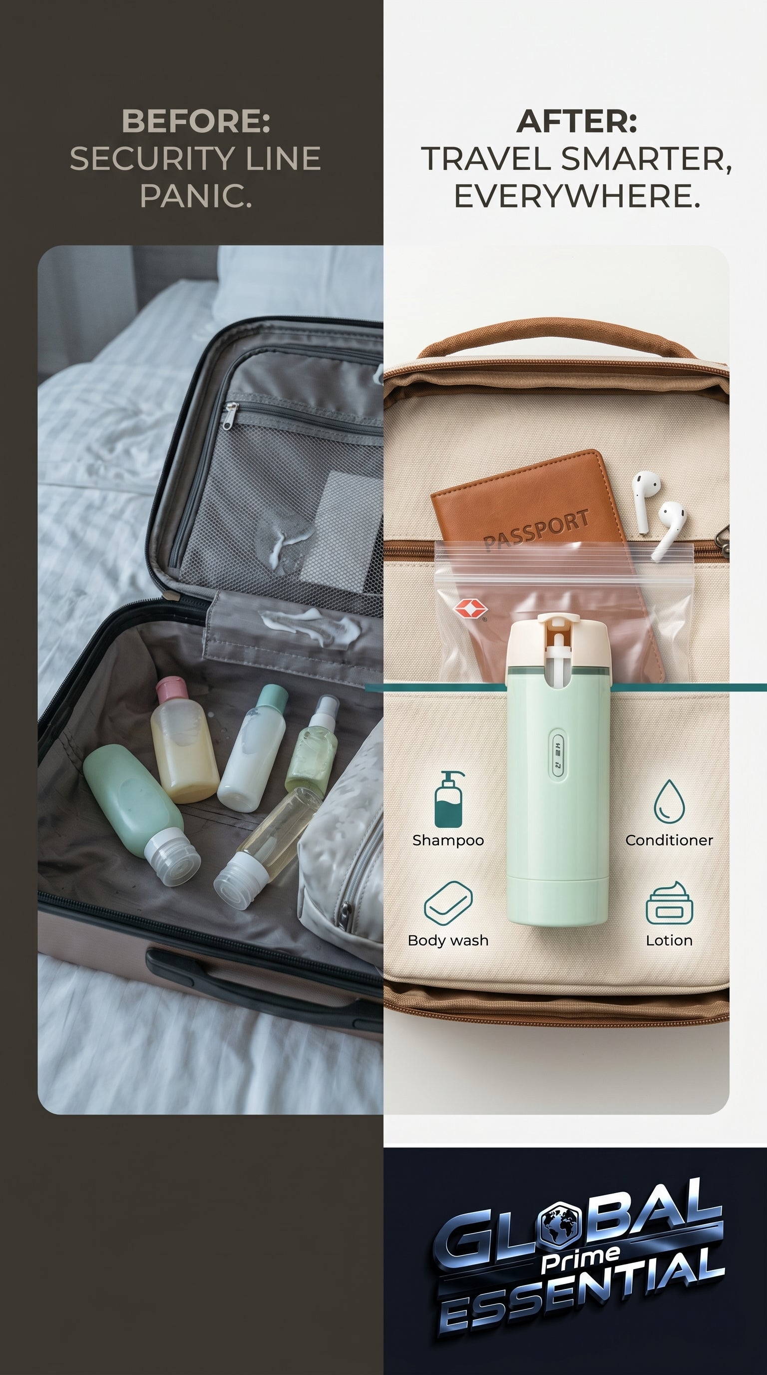 Global Prime Essential 4-in-1 travel dispenser bottle showing compact outdoor accessory with multiple dispensing sections.
