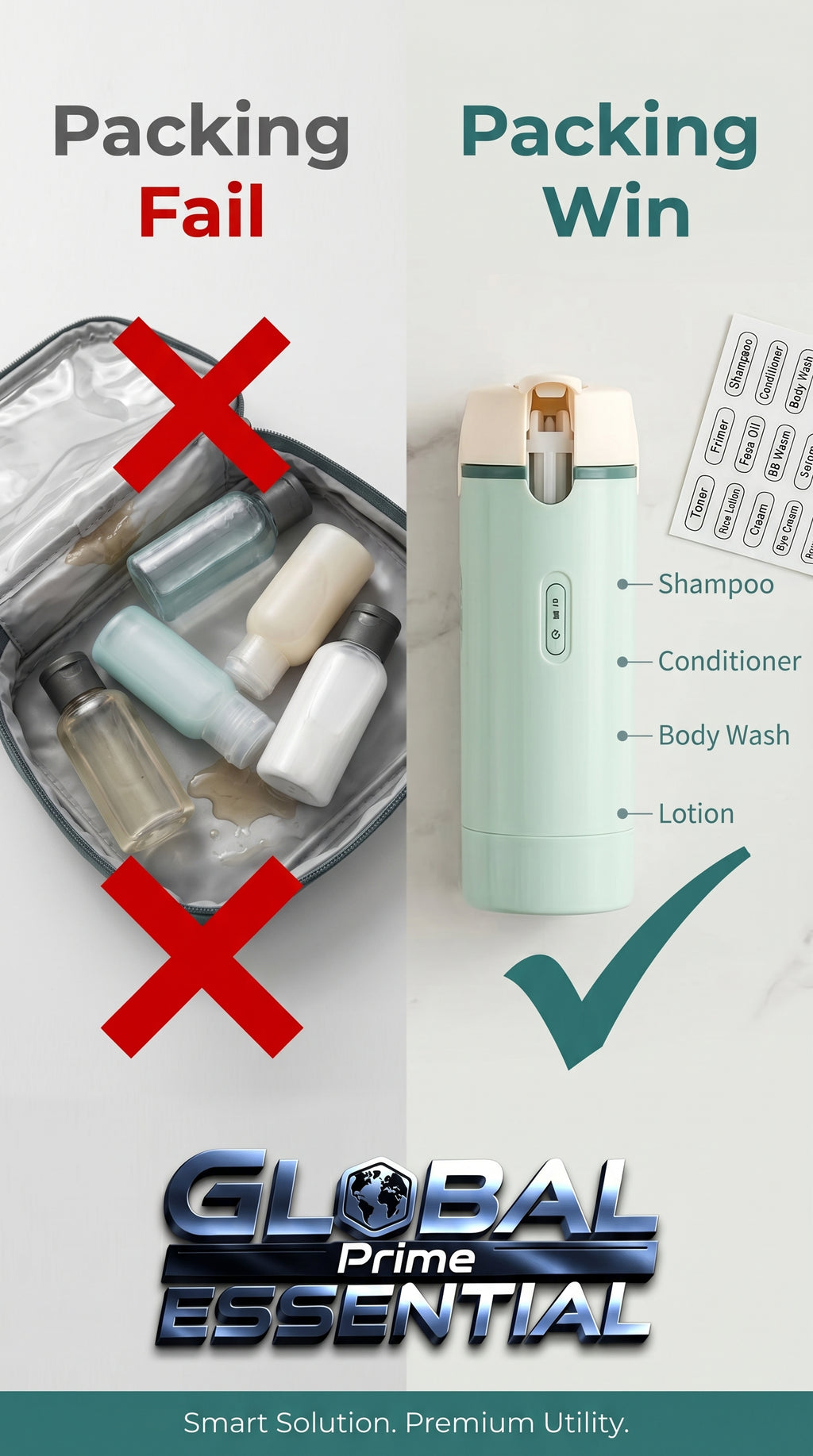 Global Prime Essential 4-in-1 travel dispenser bottle for outdoor accessories, showing compact design and multiple compartments.