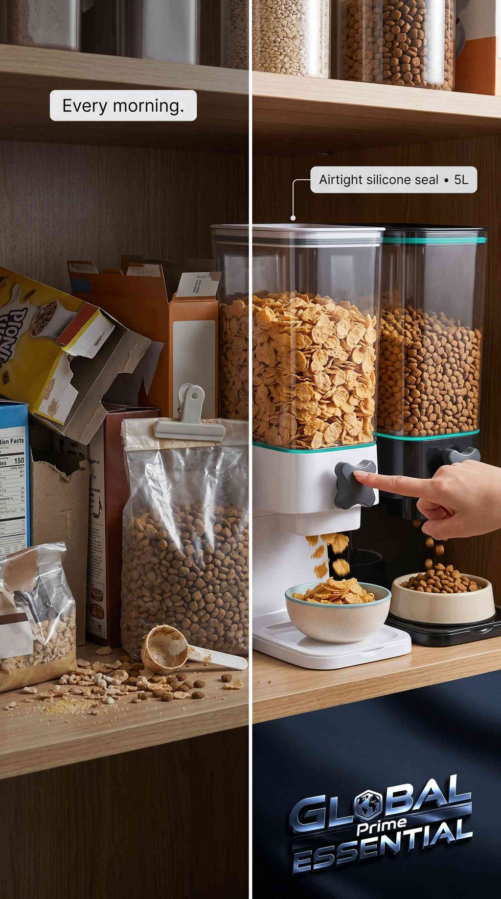 Global Prime Essential 5L dry food dispenser with airtight silicone seal, ideal for cereal and pet food storage in the pantry.