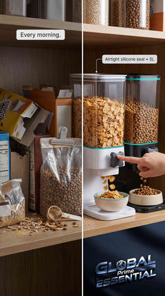 Global Prime Essential 5L dry food dispenser with airtight silicone seal, ideal for cereal and pet food storage in the pantry.