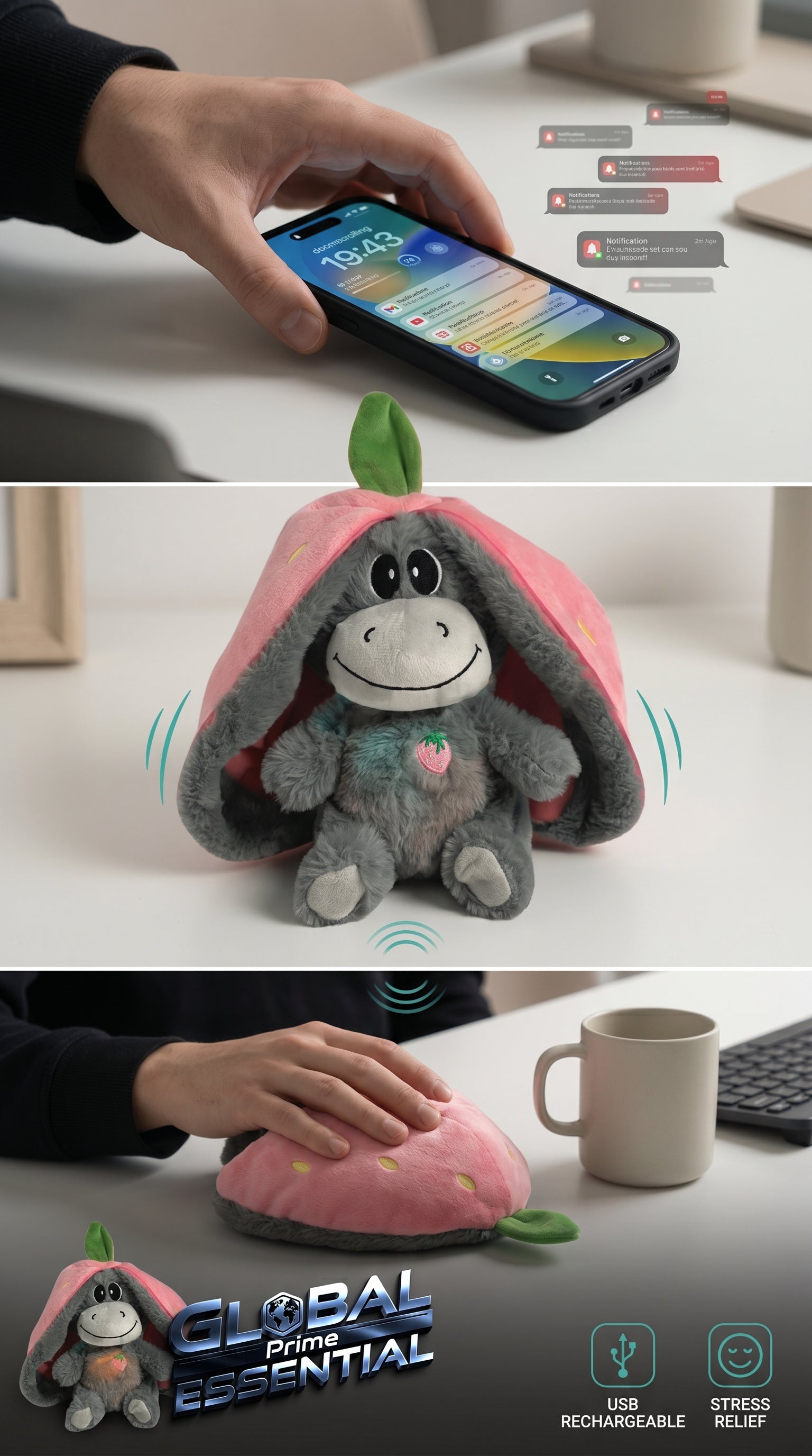 Soft strawberry donkey breathing plush doll by Global Prime Essential, perfect for calming and comfort.