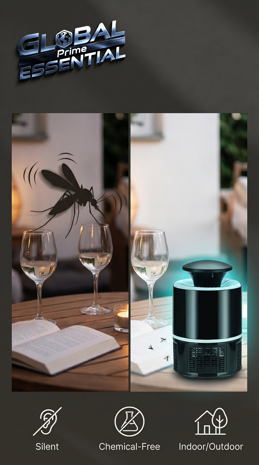 Global Prime Essential mosquito lamp emitting gentle light to keep your evenings mosquito-free and comfortable.