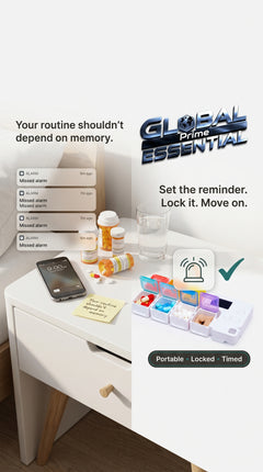 Global Prime Essential drug storage alarm box with secure lock and digital alarm for safe medication organization.
