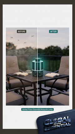 Global Prime Essential mosquito lamp emitting a soft glow in a peaceful evening setting, designed to repel mosquitoes effectively.
