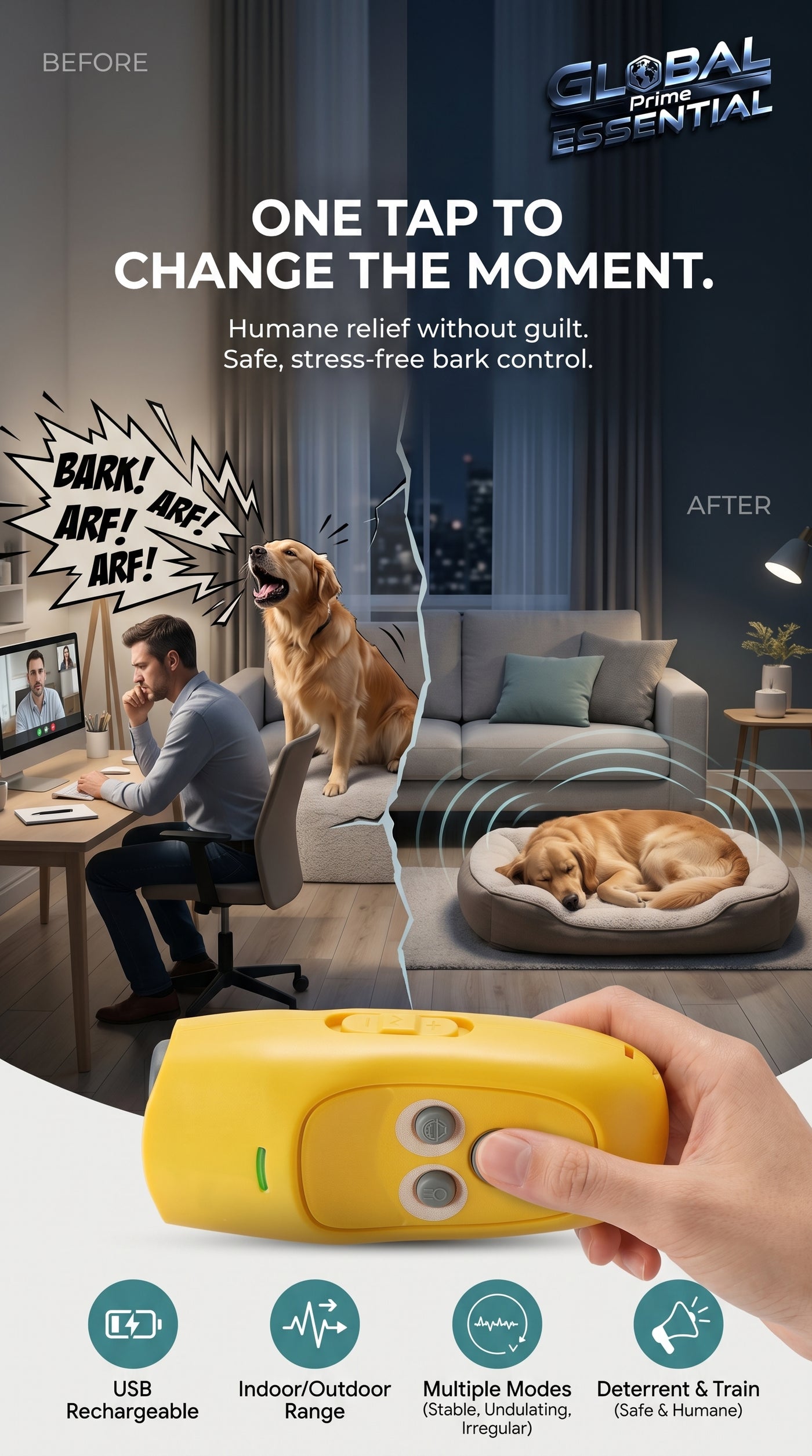 Global Prime Essential ultrasonic dog bark control device emitting a gentle sound to stop excessive barking in a peaceful home setting.