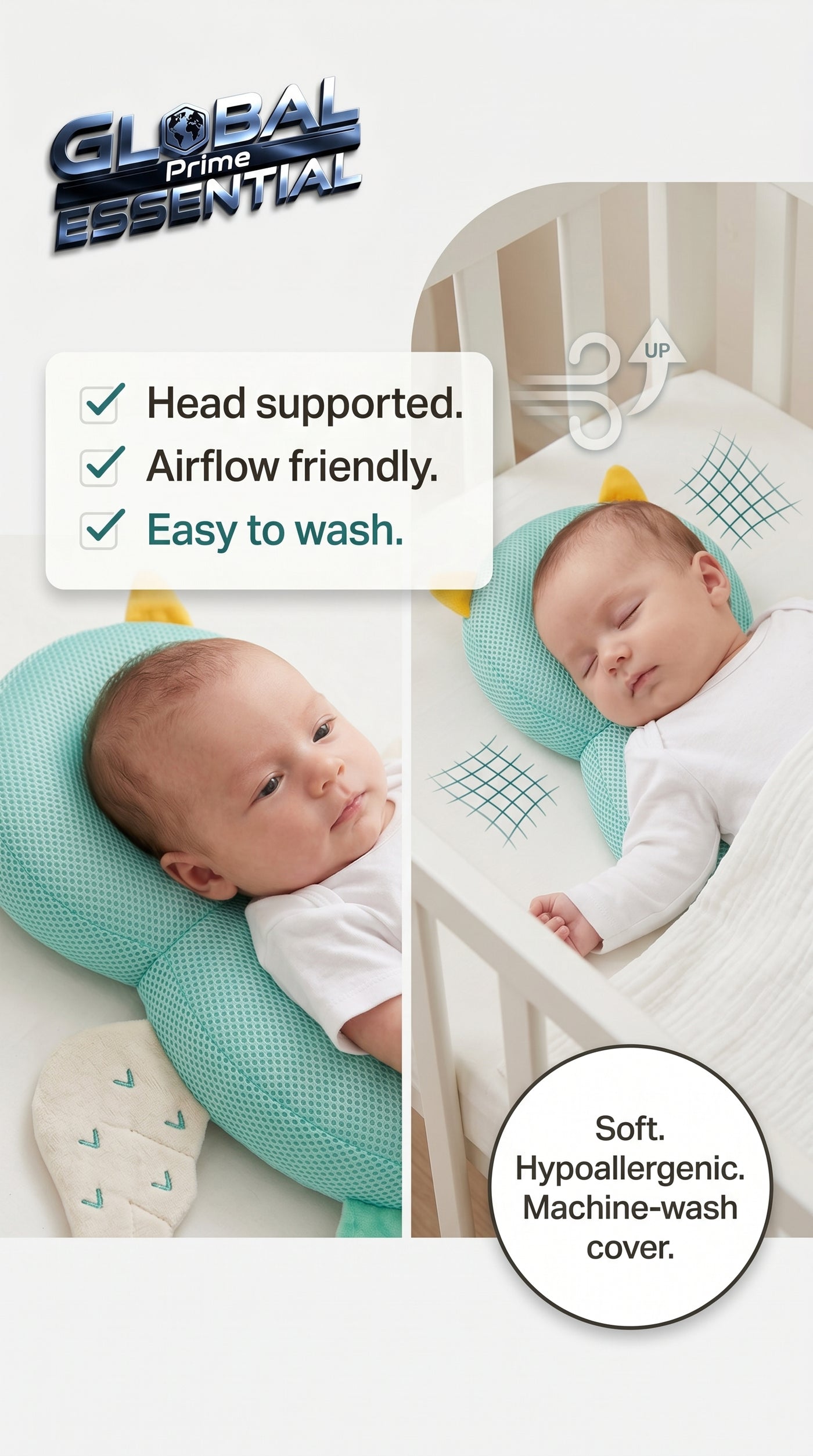 Global Prime Essential newborn protection pillow supporting a baby's head for safe, comfortable sleep.