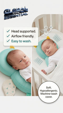 Global Prime Essential newborn protection pillow supporting a baby's head for safe, comfortable sleep.