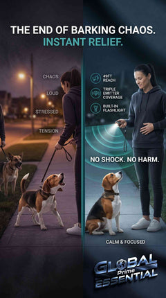 Global Prime Essential ultrasonic dog training device with LED flashlight, 49ft range, triple emitter for bark control and peaceful walks.