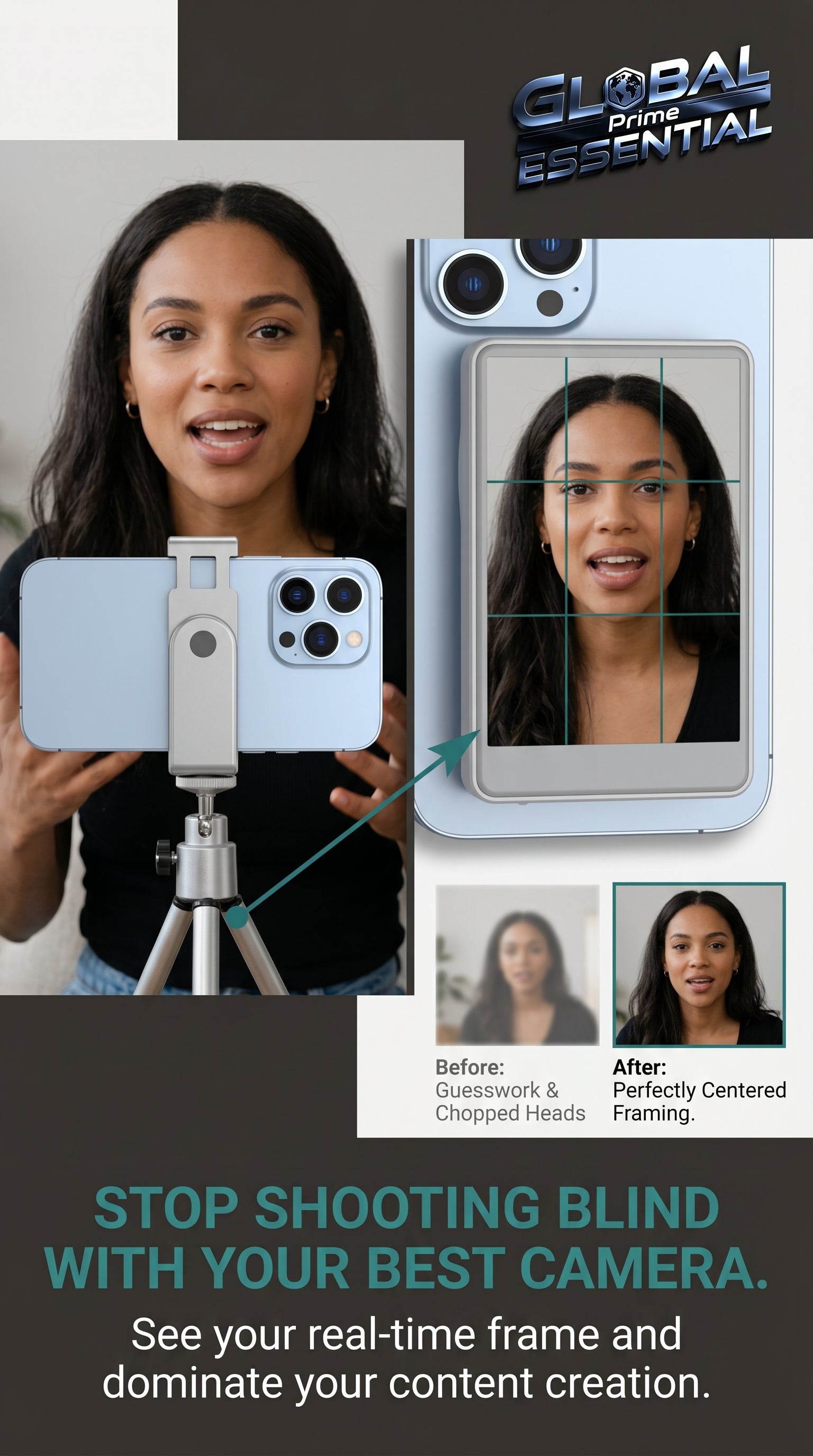 Global Prime Essential Vlog Selfie Monitor Screen for iPhone showing perfect framing for video recording and selfies.