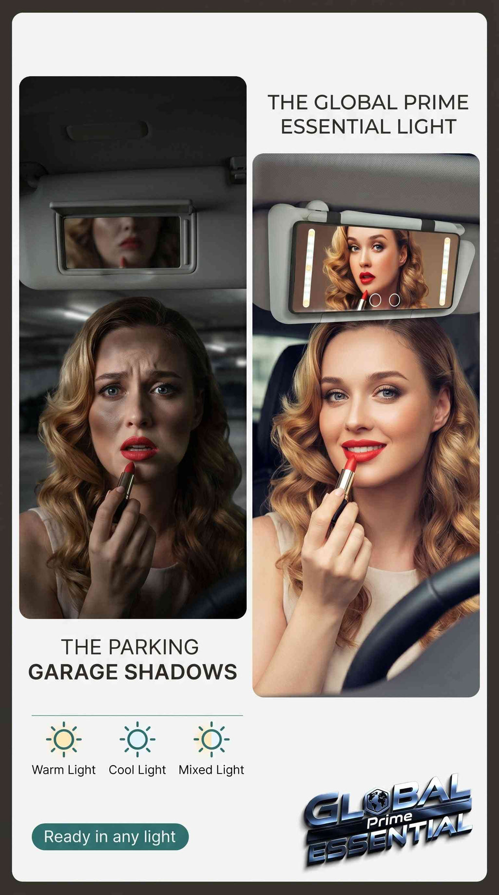 Global Prime Essential LED car makeup mirror with adjustable lighting modes, high clarity, and portable design for perfect makeup anywhere.