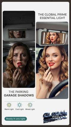 Global Prime Essential LED car makeup mirror with adjustable lighting modes, high clarity, and portable design for perfect makeup anywhere.