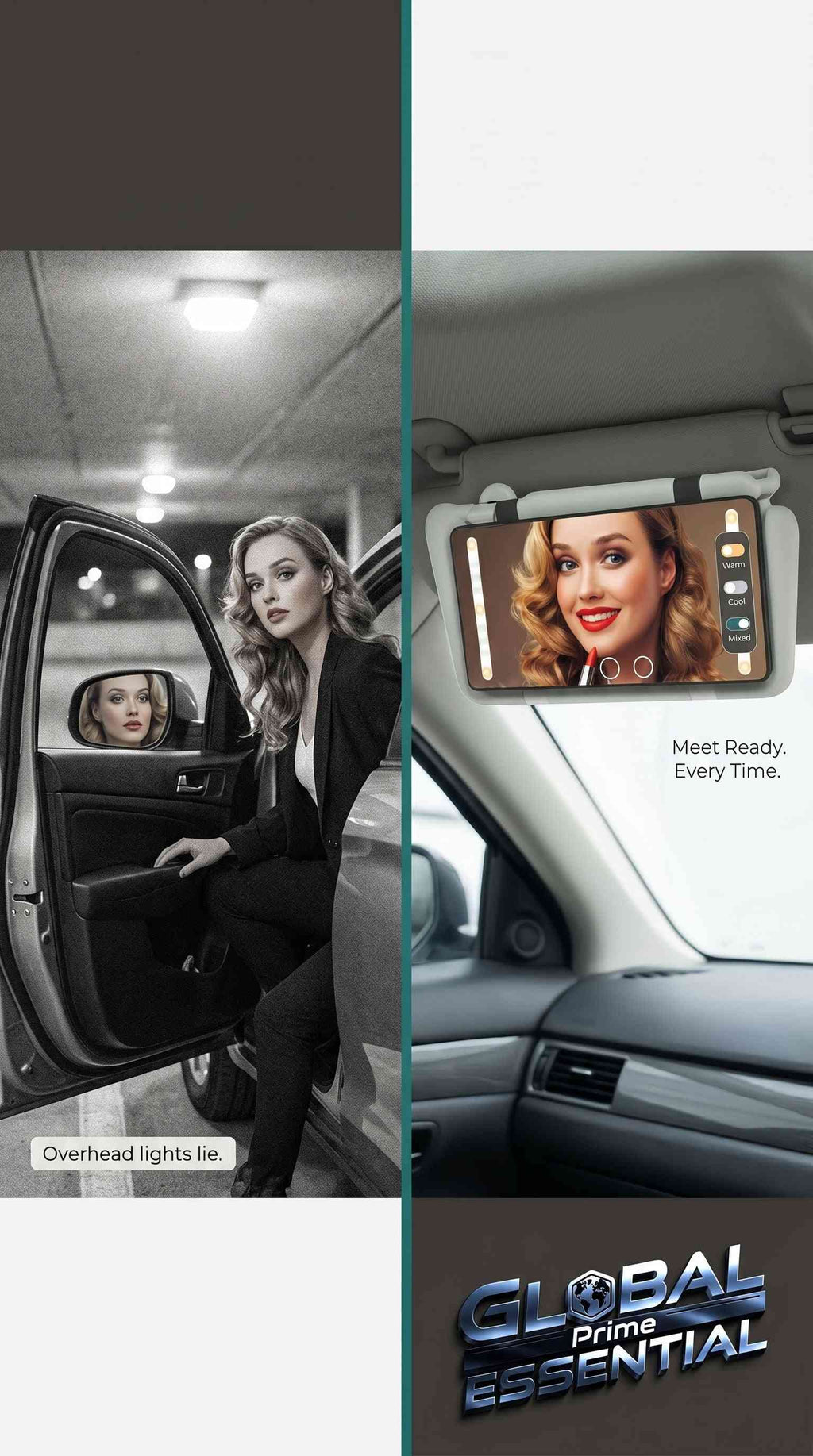 Global Prime Essential LED car makeup mirror with 3 adjustable lighting modes, high clarity, portable tool set for on-the-go makeup.