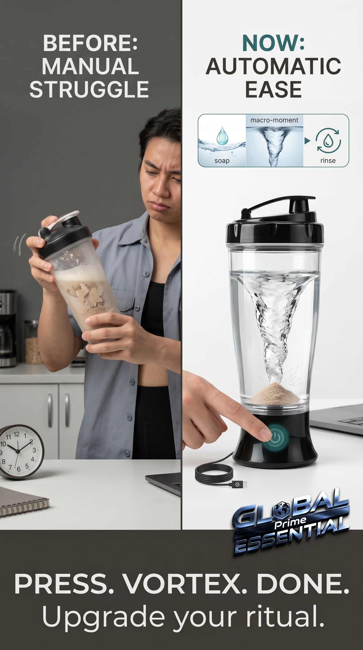 Global Prime Essential automatic protein shaker bottle with electric vortex mixer for smooth, well-blended fitness shakes.