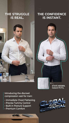 Men's slimming compression vest by Global Prime Essential, designed to shape the chest and waist for a smooth, flat appearance.