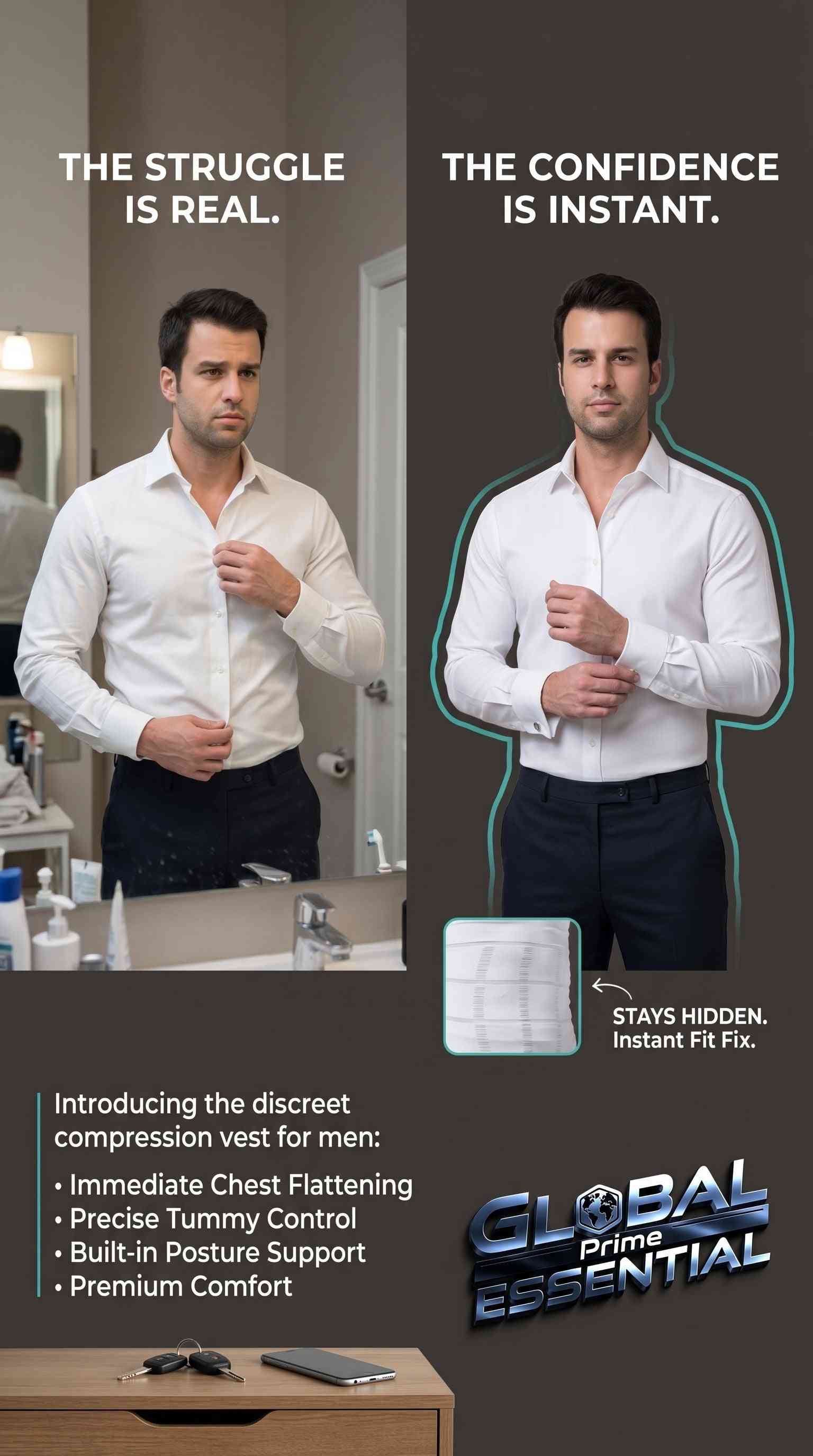 Men's slimming compression vest by Global Prime Essential, designed to shape the chest and waist for a smooth, flat appearance.