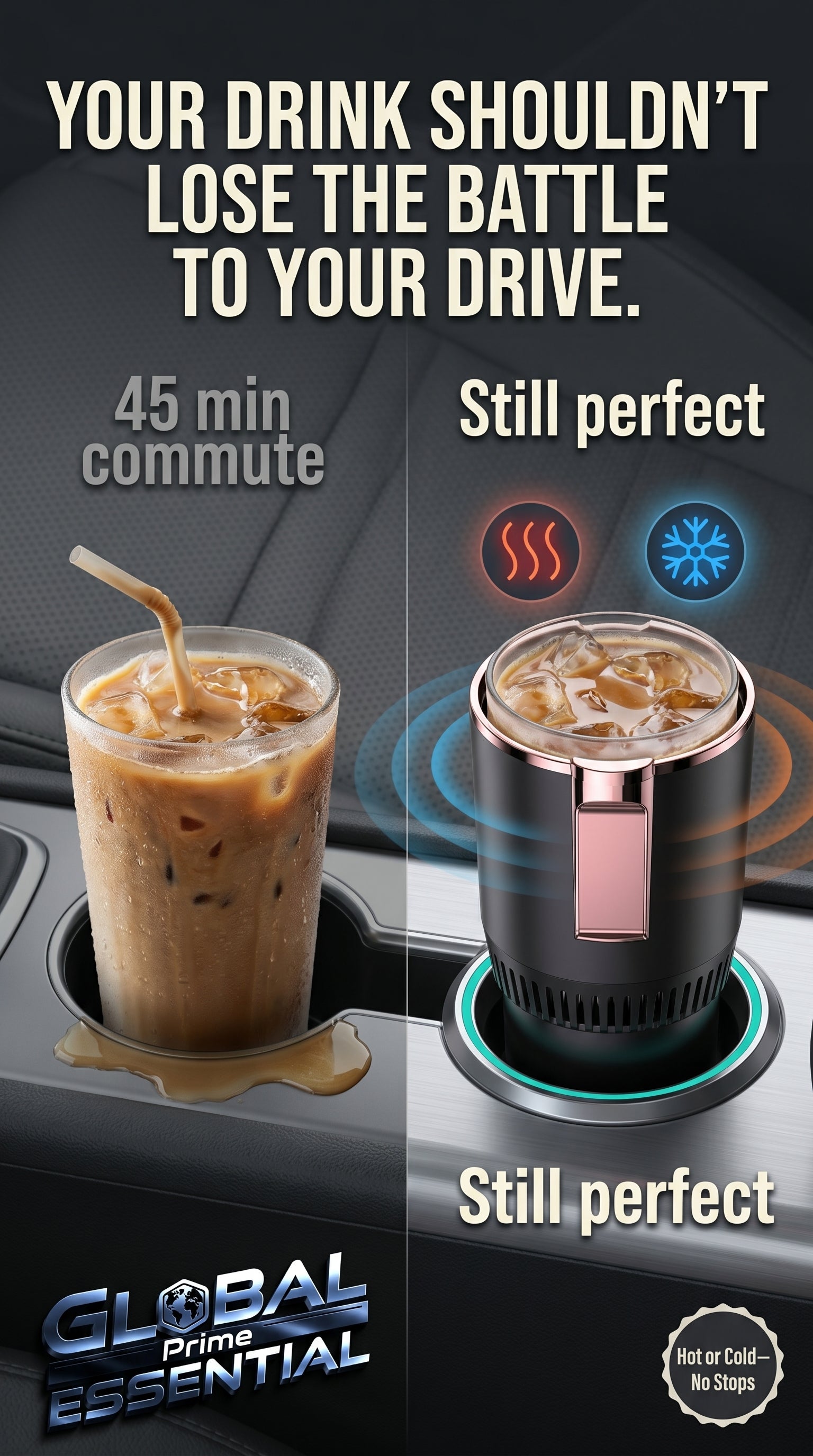 Global Prime Essential cooling and heating car cup holder, designed to keep drinks at the perfect temperature during every drive.