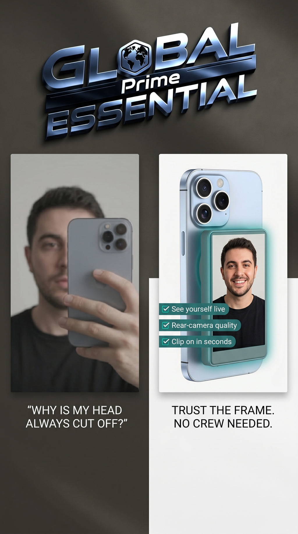 Vlog selfie monitor screen for iPhone by Global Prime Essential showing a person capturing solo shots with the device.
