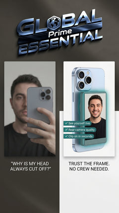 Vlog selfie monitor screen for iPhone by Global Prime Essential showing a person capturing solo shots with the device.