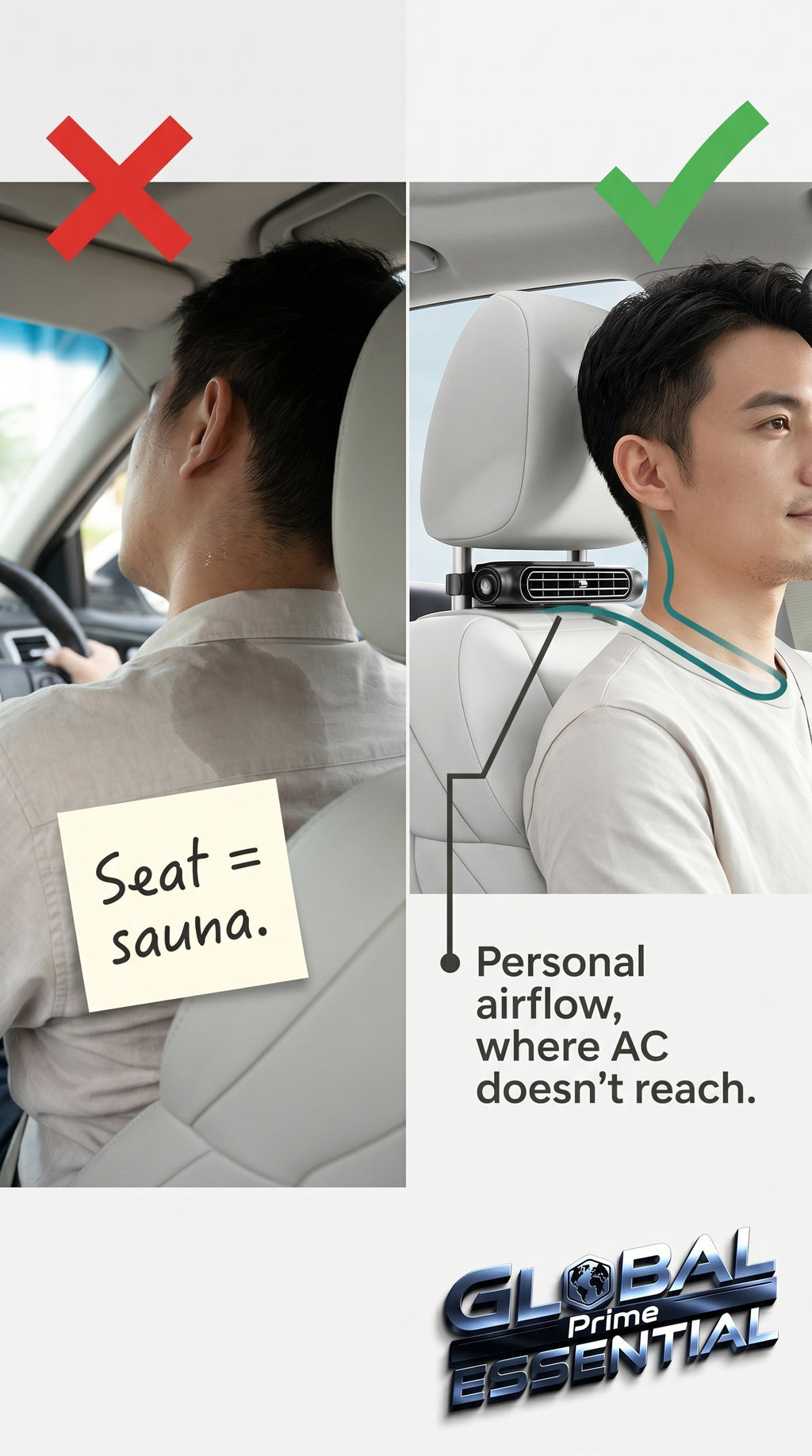 Global Prime Essential cooling car seat fan providing personal cooling zone for comfortable driving in hot weather.