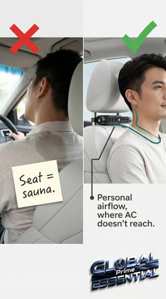 Global Prime Essential cooling car seat fan providing personal cooling zone for comfortable driving in hot weather.