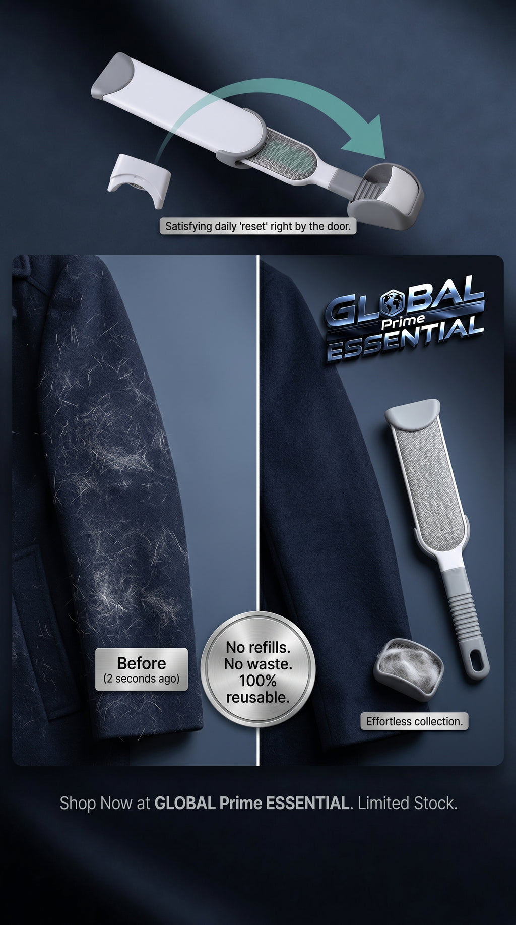 Global Prime Essential self-cleaning lint remover brush for pet hair and lint, reusable cleaning tool with no refills needed.