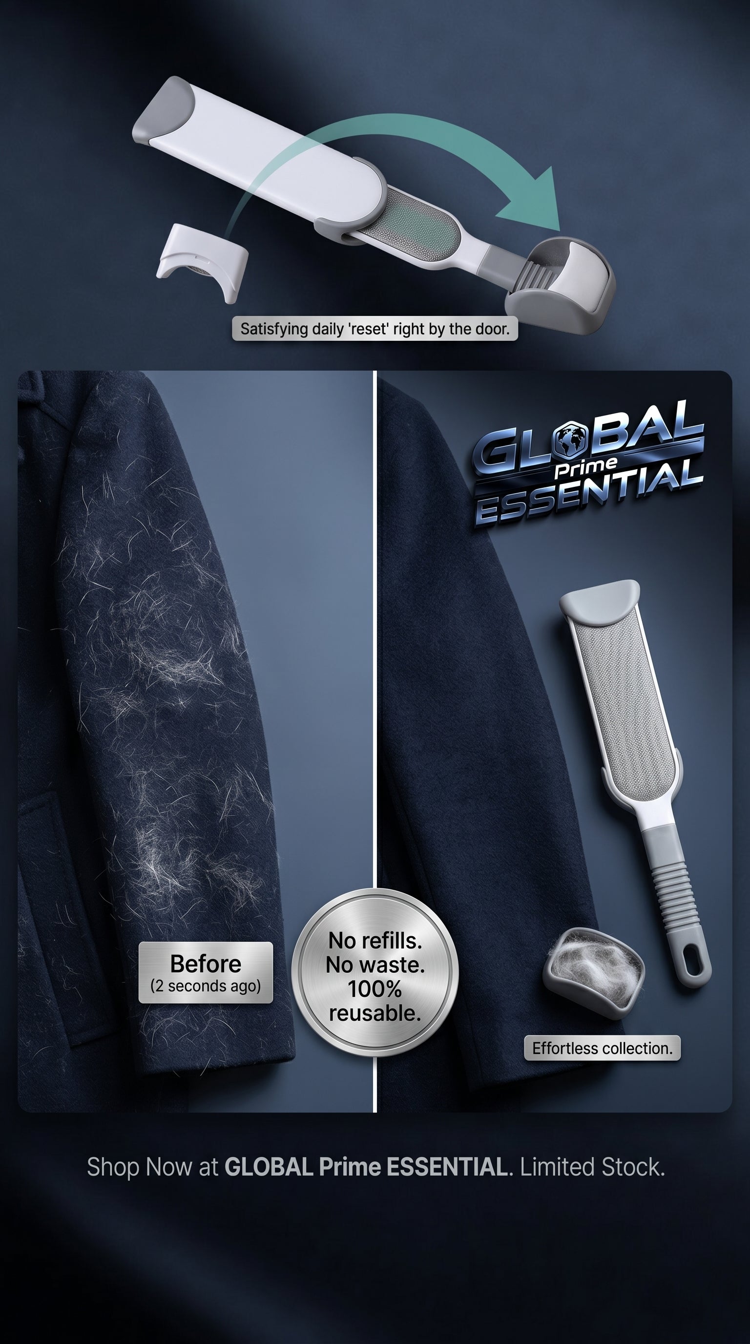 Global Prime Essential self-cleaning lint remover brush for pet hair and lint, reusable cleaning tool with no refills needed.