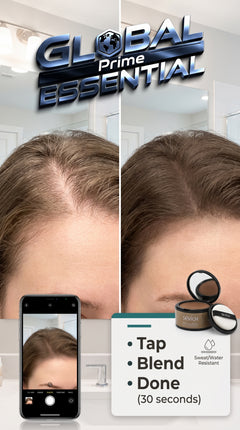 Global Prime Essential Hairline Powder instant root filler for thinning hairlines and sparse areas, quick and natural-looking coverage.