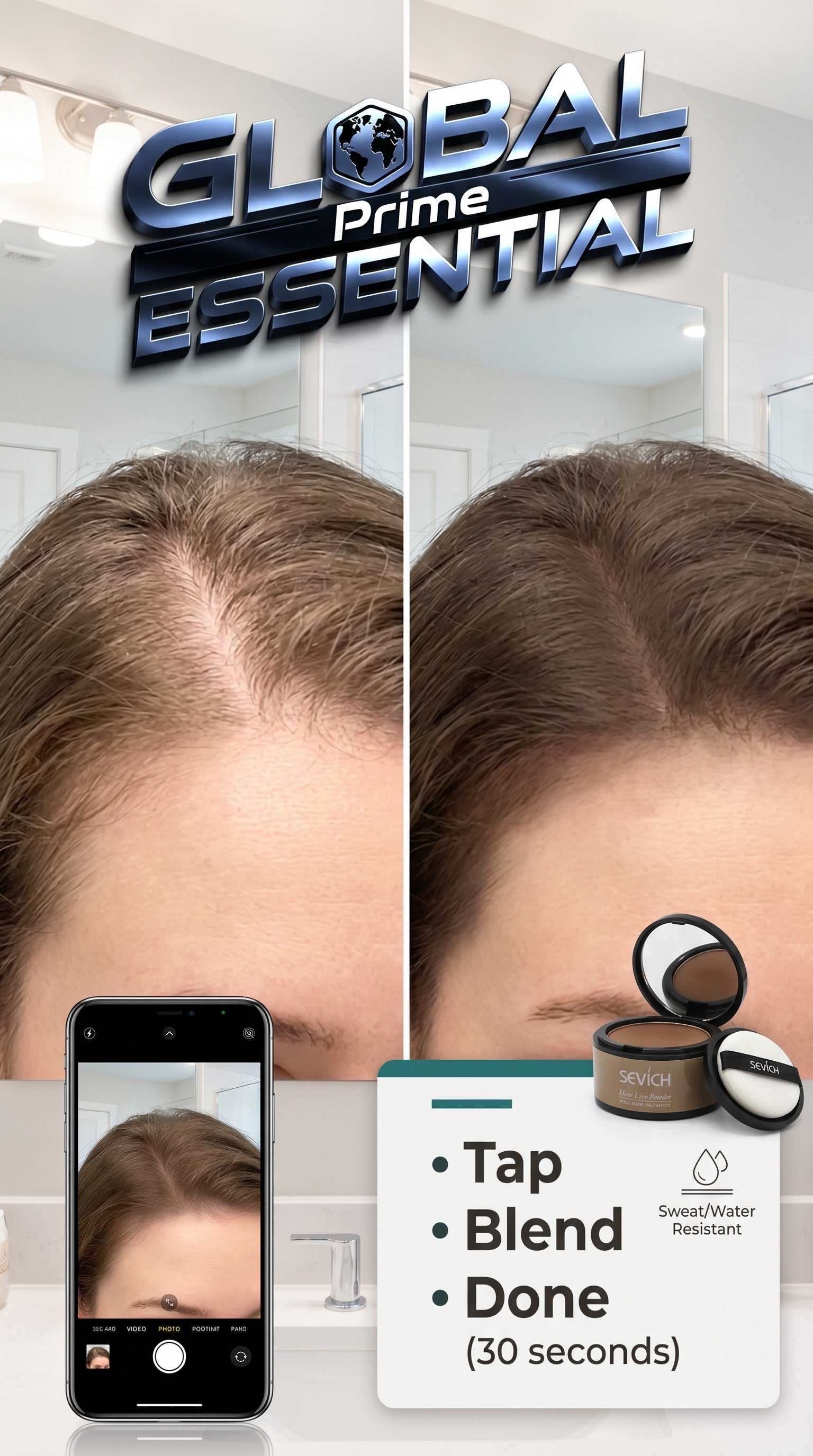 Global Prime Essential Hairline Powder instant root filler for thinning hairlines and sparse areas, quick and natural-looking coverage.