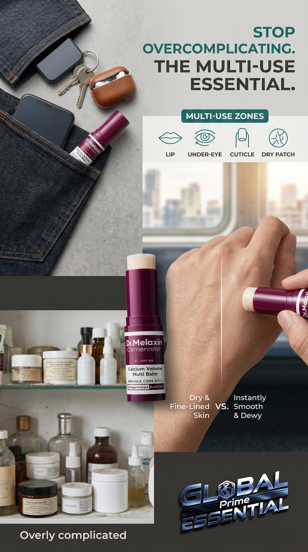 Pocket-sized Global Prime Essential Calcium Multi Balm Collagen Stick for firming and hydrating skincare.