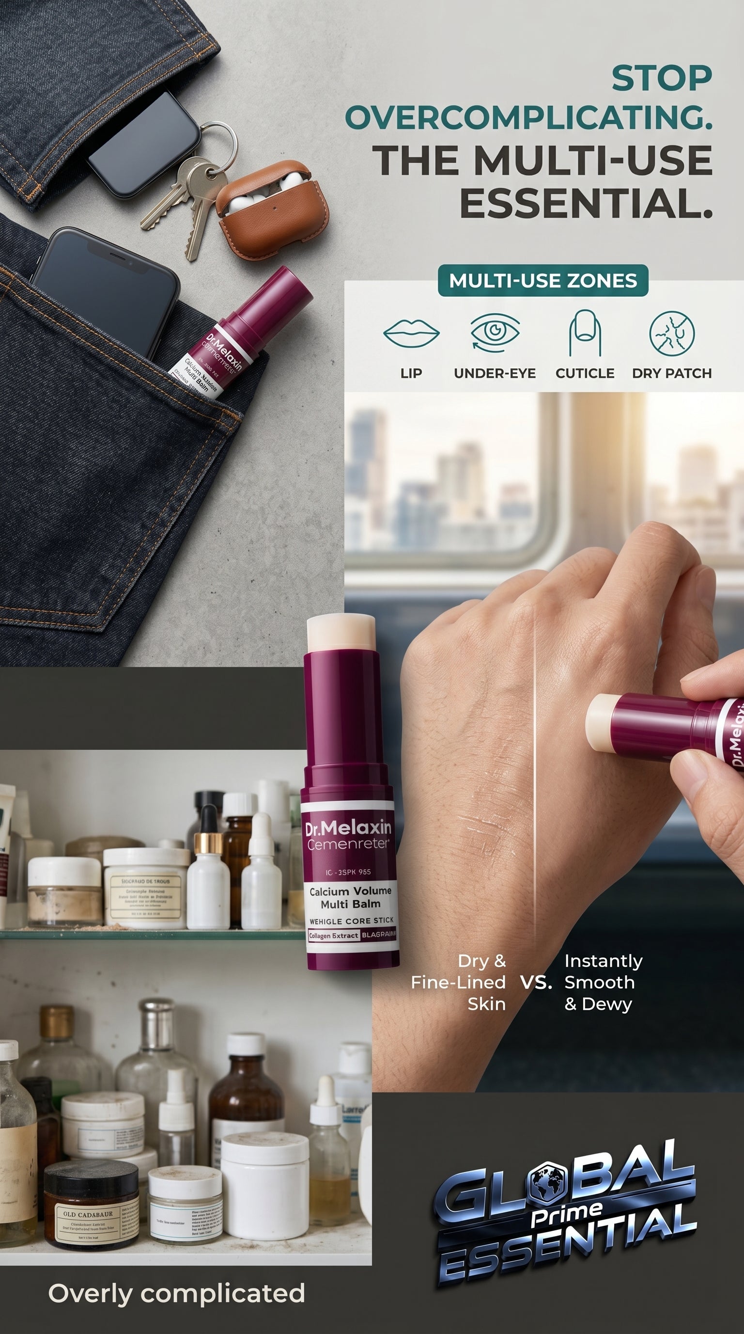Pocket-sized Global Prime Essential Calcium Multi Balm Collagen Stick for firming and hydrating skincare.