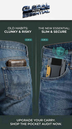 Global Prime Essential minimalist aluminum wallet with RFID blocking, slim design, fits 15 cards, includes cash strap in various colors.