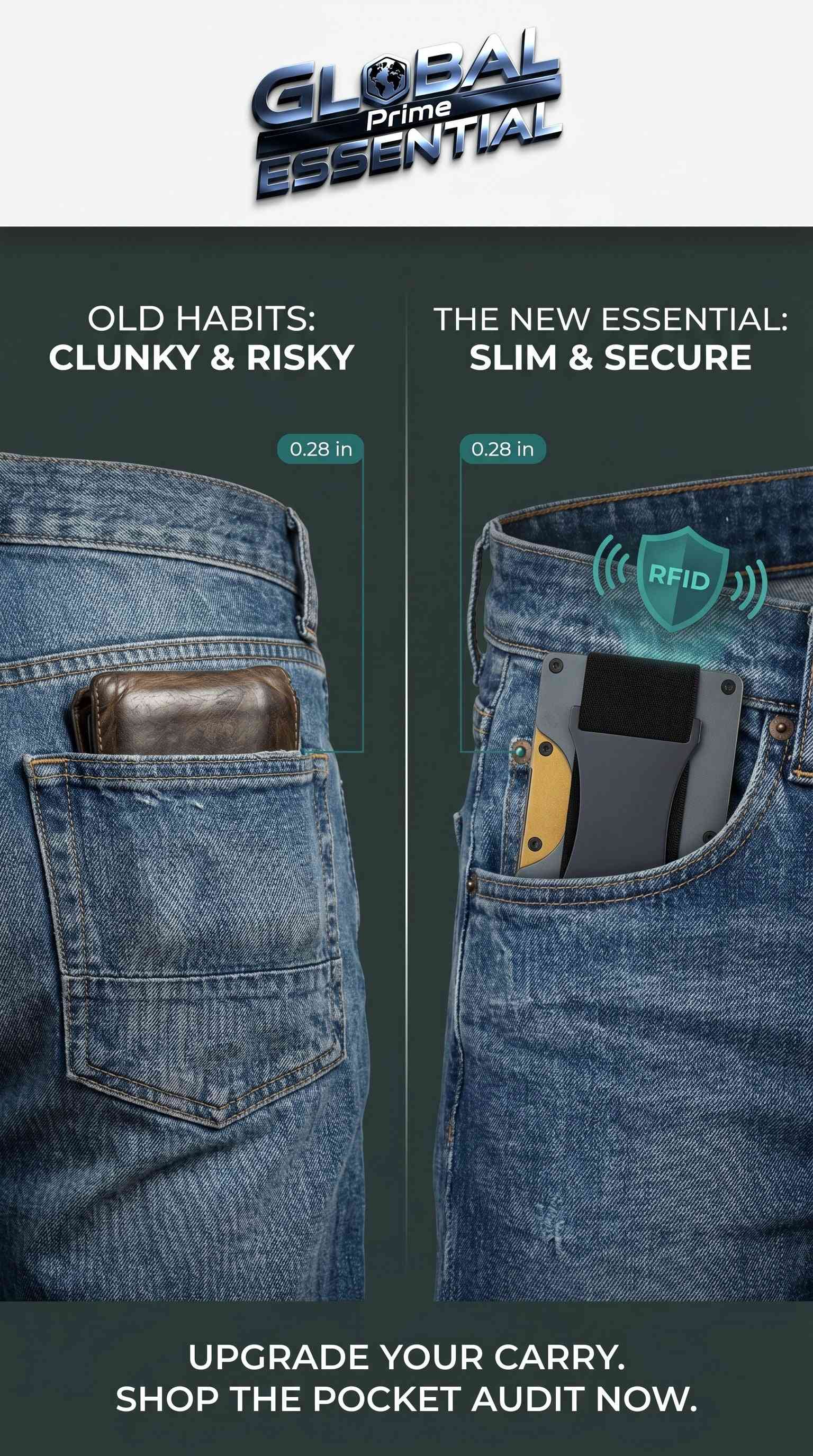 Global Prime Essential minimalist aluminum wallet with RFID blocking, slim design, fits 15 cards, includes cash strap in various colors.