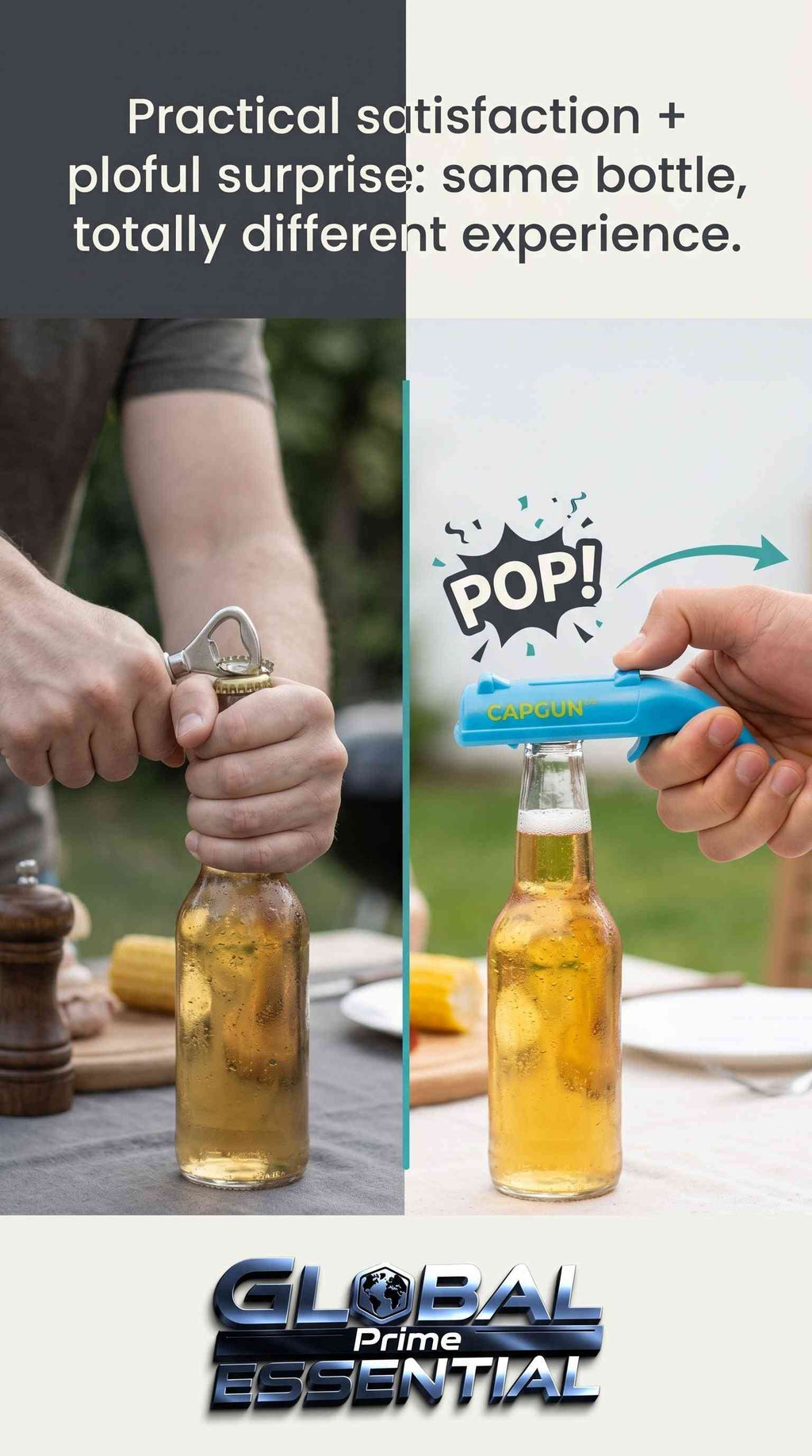 Global Prime Essential Cap Gun Bottle Opener with pop-top design, featuring a fun pull-release mechanism for easy beer opening.