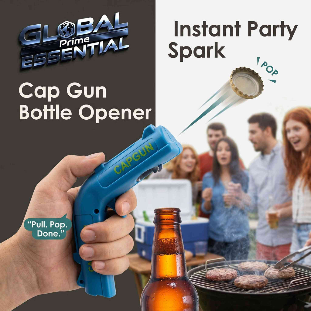 Global Prime Essential Cap Gun Bottle Opener with pull-release design, perfect for parties and BBQs, adds fun to beverage opening.