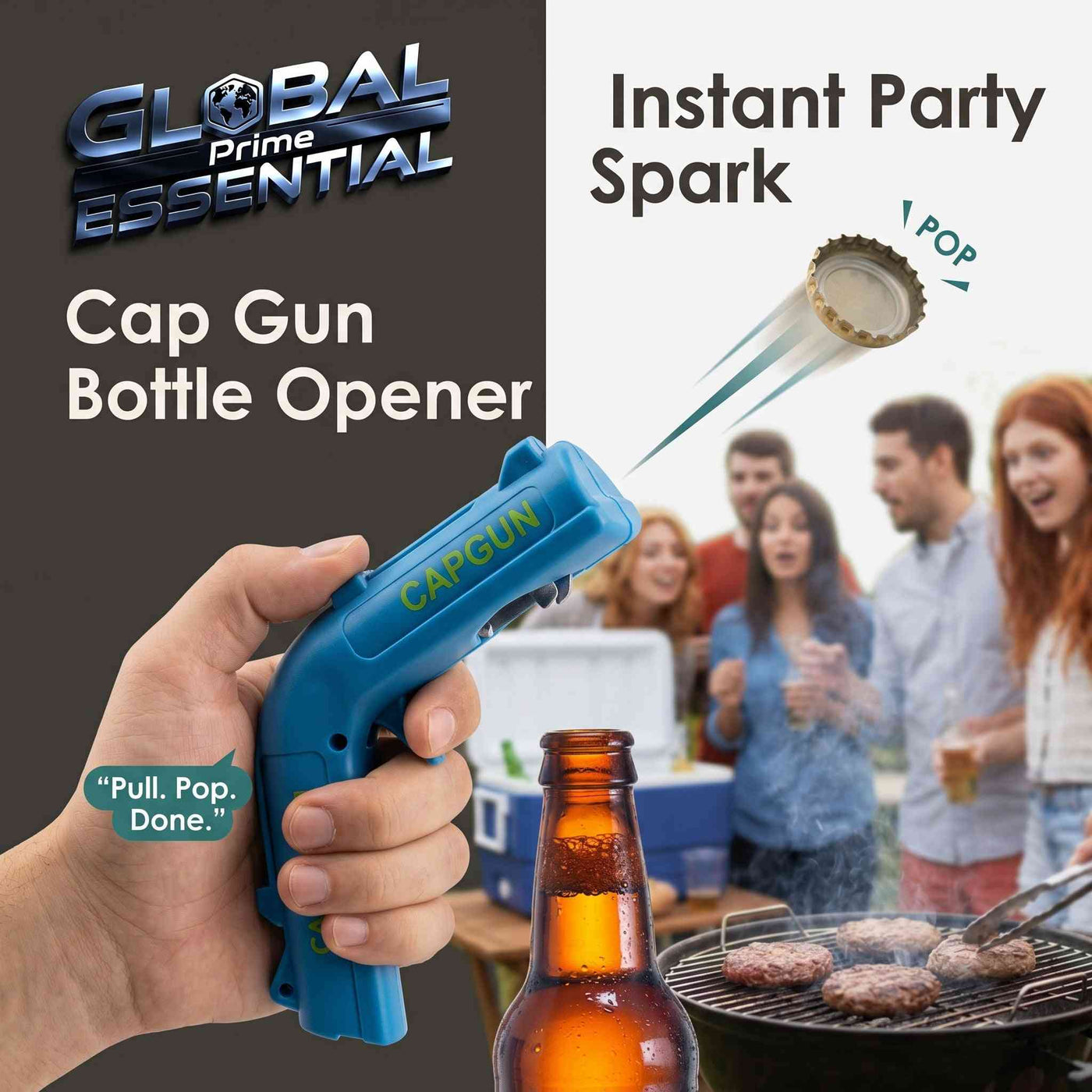 Global Prime Essential Cap Gun Bottle Opener with pull-release design, perfect for parties and BBQs, adds fun to beverage opening.