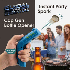 Global Prime Essential Cap Gun Bottle Opener with pull-release design, perfect for parties and BBQs, adds fun to beverage opening.