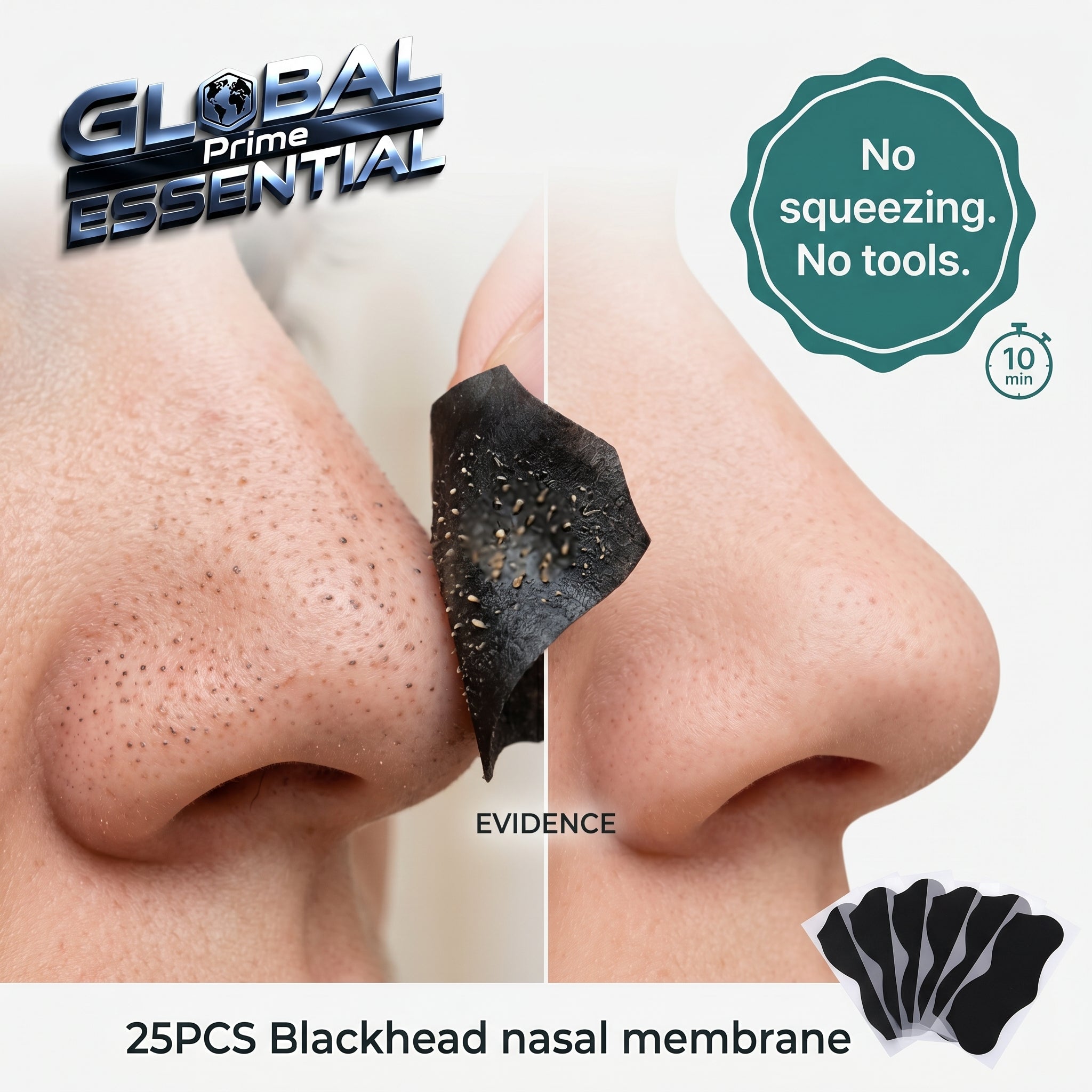 Global Prime Essential nose blackhead remover pore strips for deep cleansing and visible results in 10 minutes.