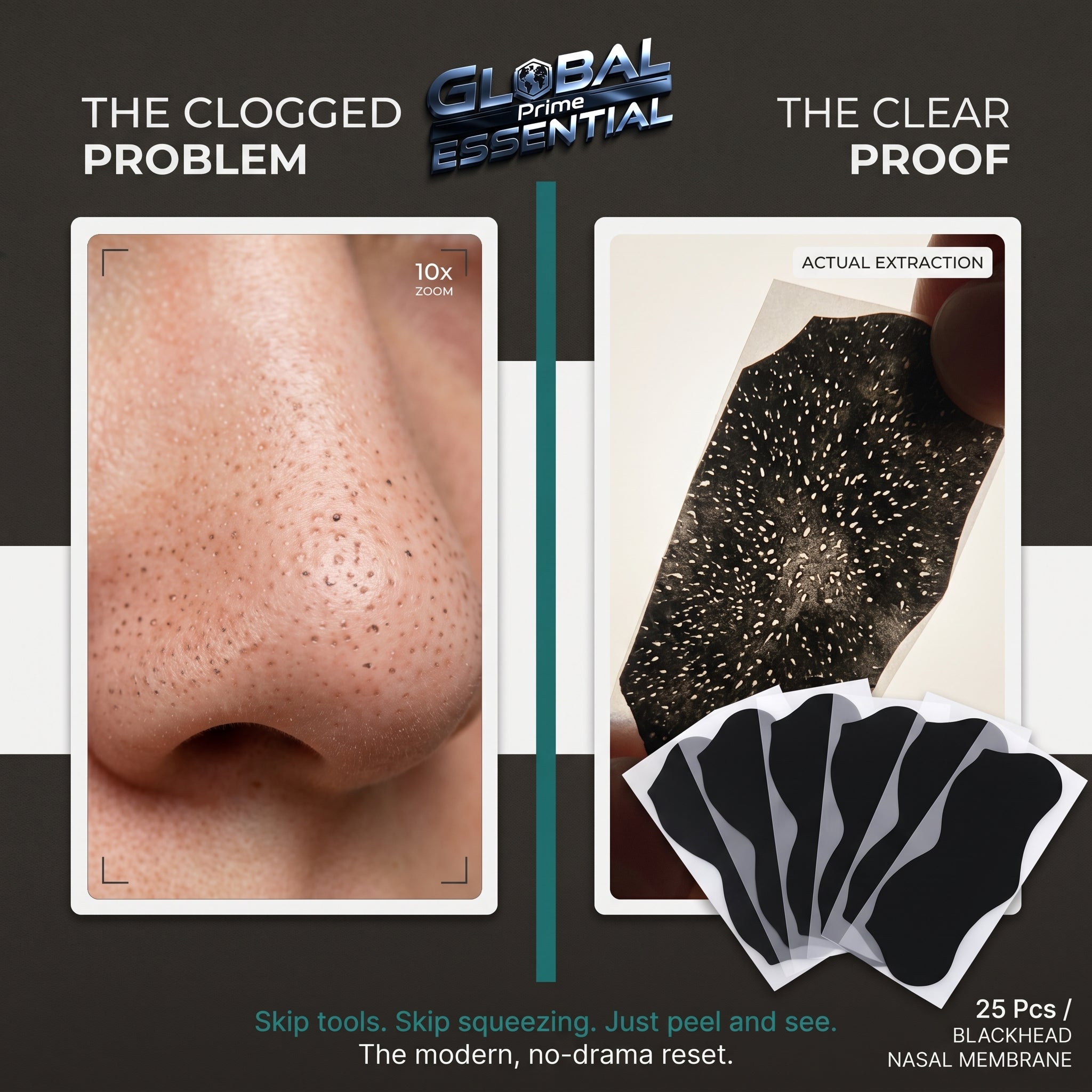Global Prime Essential nose blackhead remover pore strips for deep cleansing, showing clear pores and confident skin results