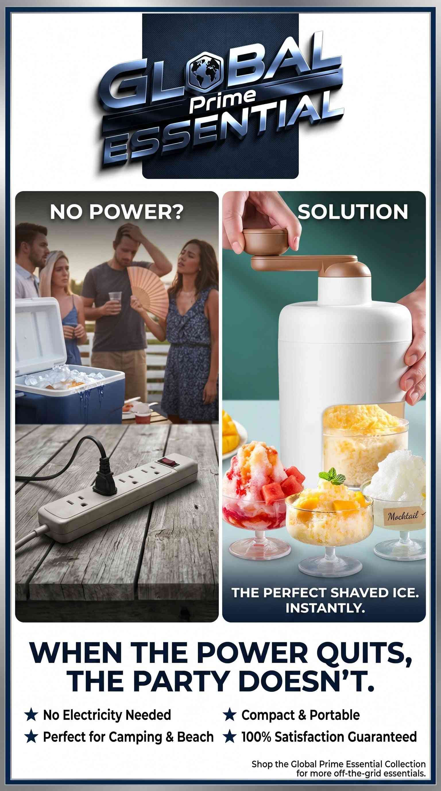 Global Prime Essential hand crank ice crusher and slushie maker, manual snow cone machine for cool treats without electricity.