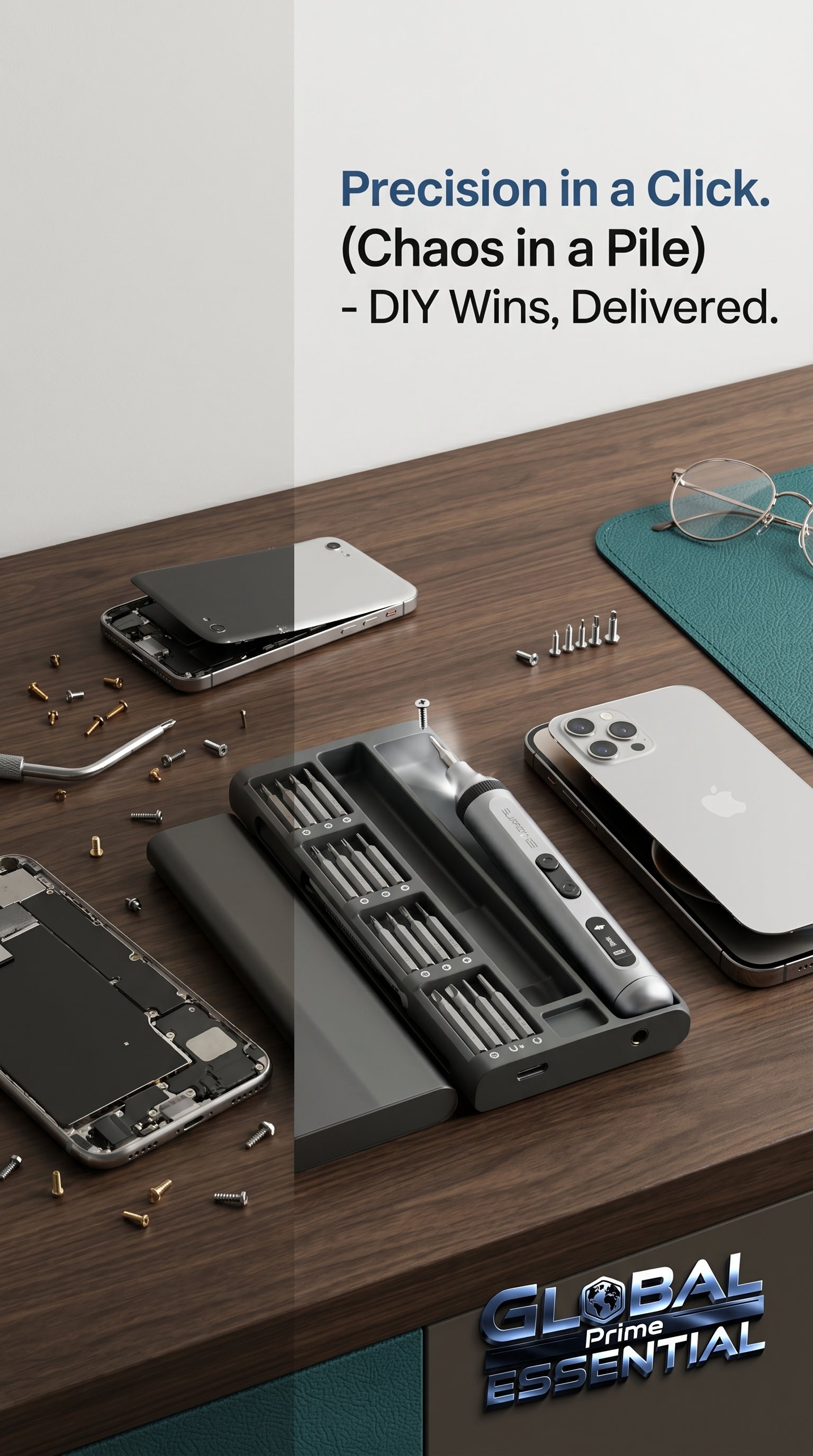 Global Prime Essential electrical precision screwdriver set with magnetic tips for phone, laptop, and electronics repair.