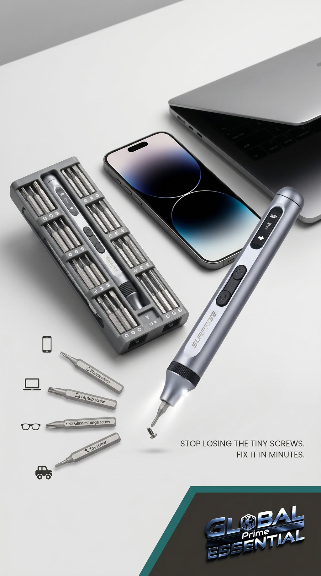 Global Prime Essential electrical precision screwdriver set with magnetic tips, ideal for repairing phones, laptops, and electronics.