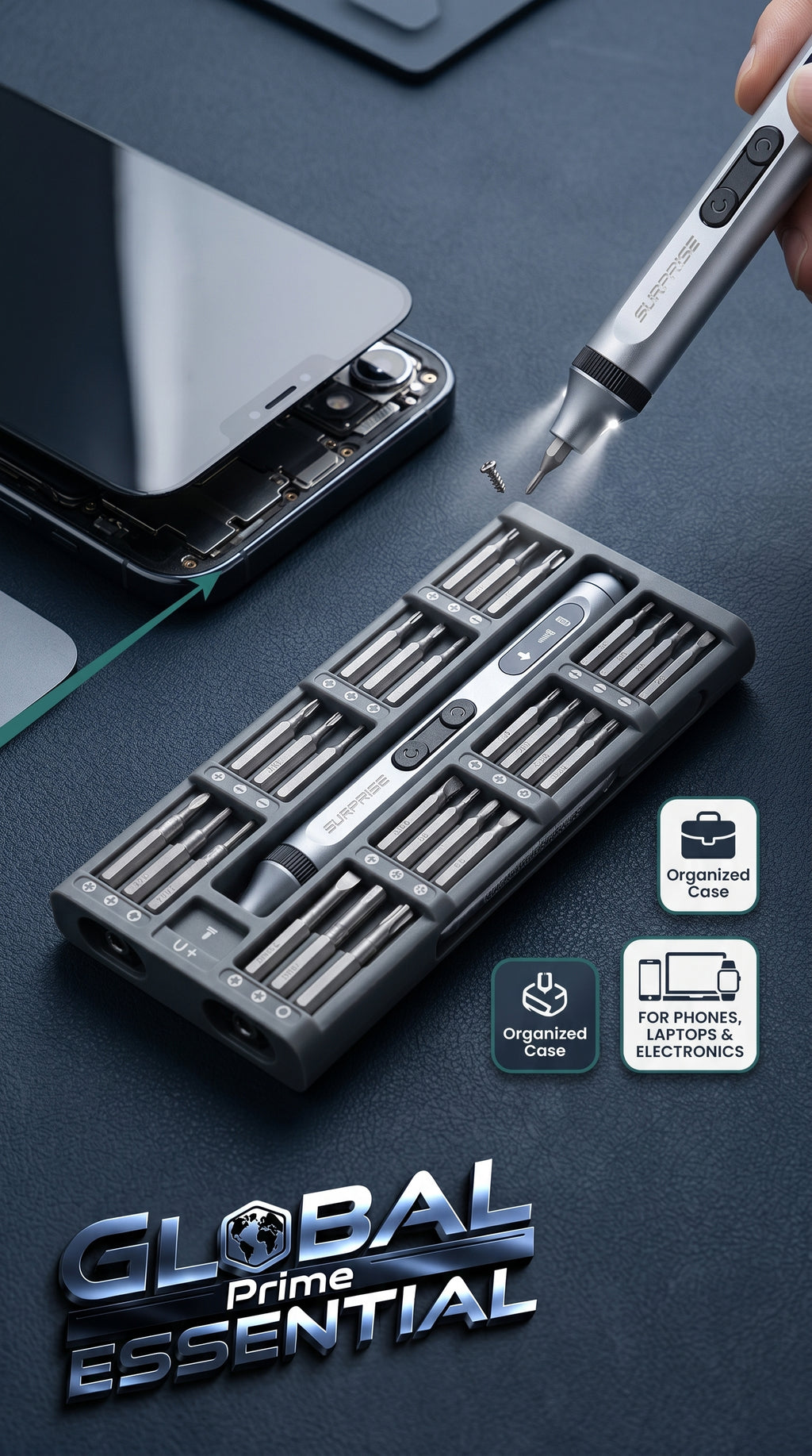 Global Prime Essential electrical precision screwdriver set with magnetic tips for repairing phones, laptops, and electronics.