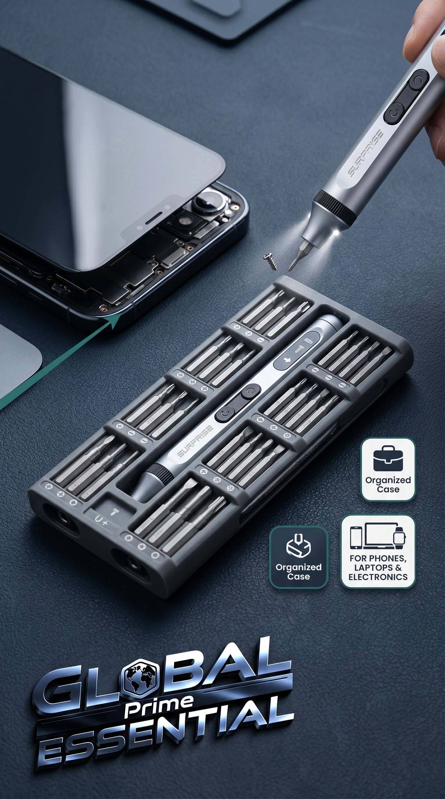 Global Prime Essential electrical precision screwdriver set with magnetic tips for repairing phones, laptops, and electronics.