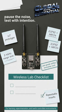 ESP32 DevKitC IoT development kit with NRF24L01 wireless modules, WiFi, and Bluetooth for IoT projects and wireless testing.