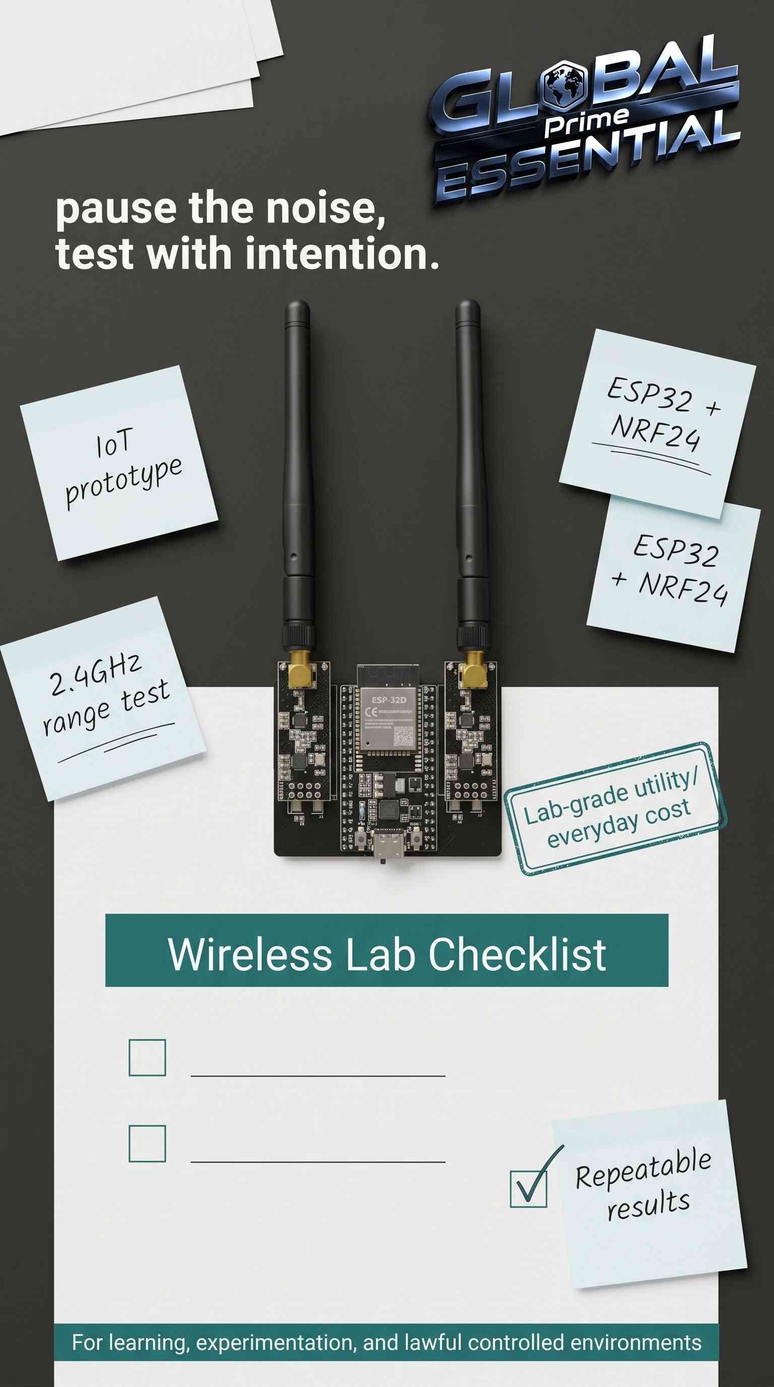 ESP32 DevKitC IoT development kit with NRF24L01 wireless modules, WiFi, and Bluetooth for IoT projects and wireless testing.