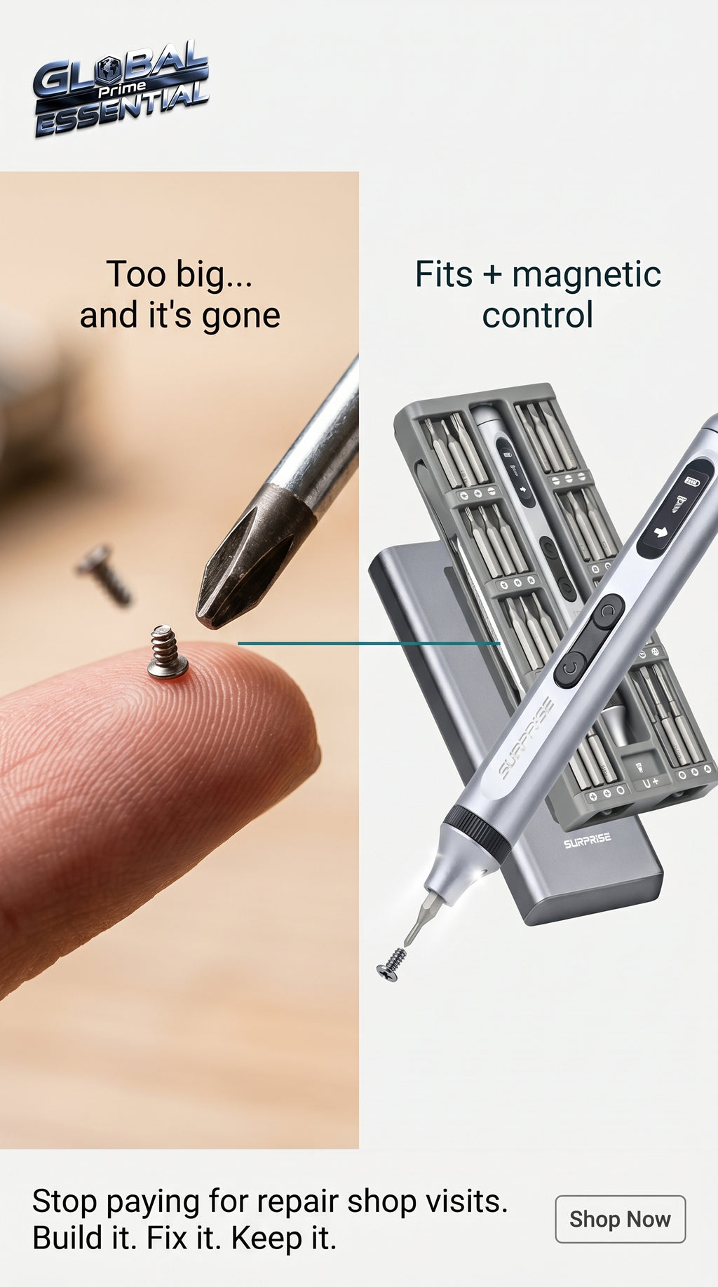 Global Prime Essential electrical precision screwdriver set with magnetic tips for phone, laptop, and electronics repair tools.