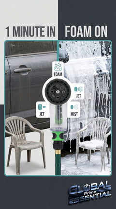 Global Prime Essential pressure hose nozzle foam gun for professional-level foam cleaning, shown with foam spray in action.