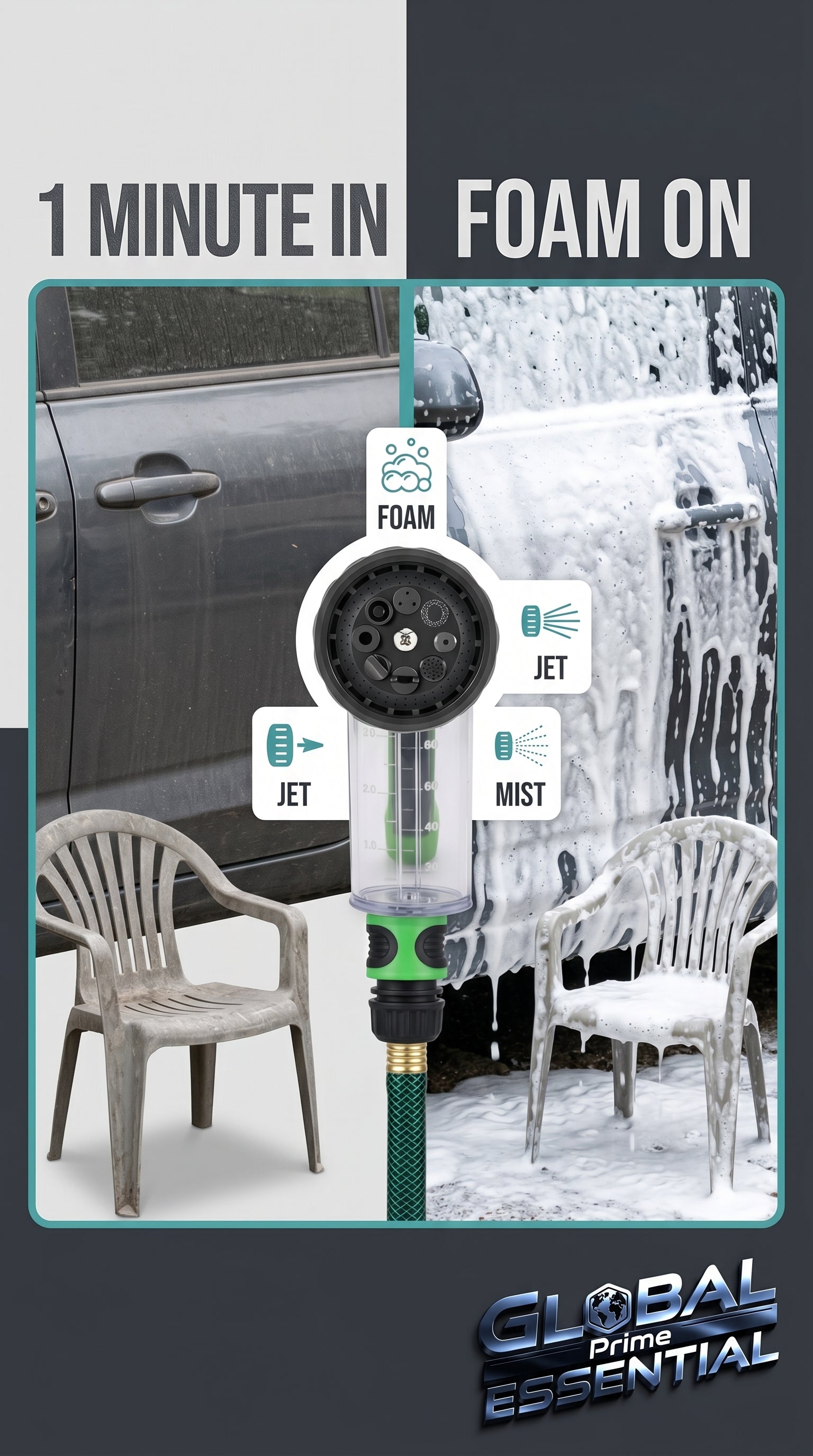 Global Prime Essential pressure hose nozzle foam gun for professional-level foam cleaning, shown with foam spray in action.