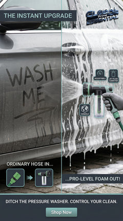 Global Prime Essential pressure hose nozzle foam gun attached to a garden hose with foam being sprayed during cleaning.