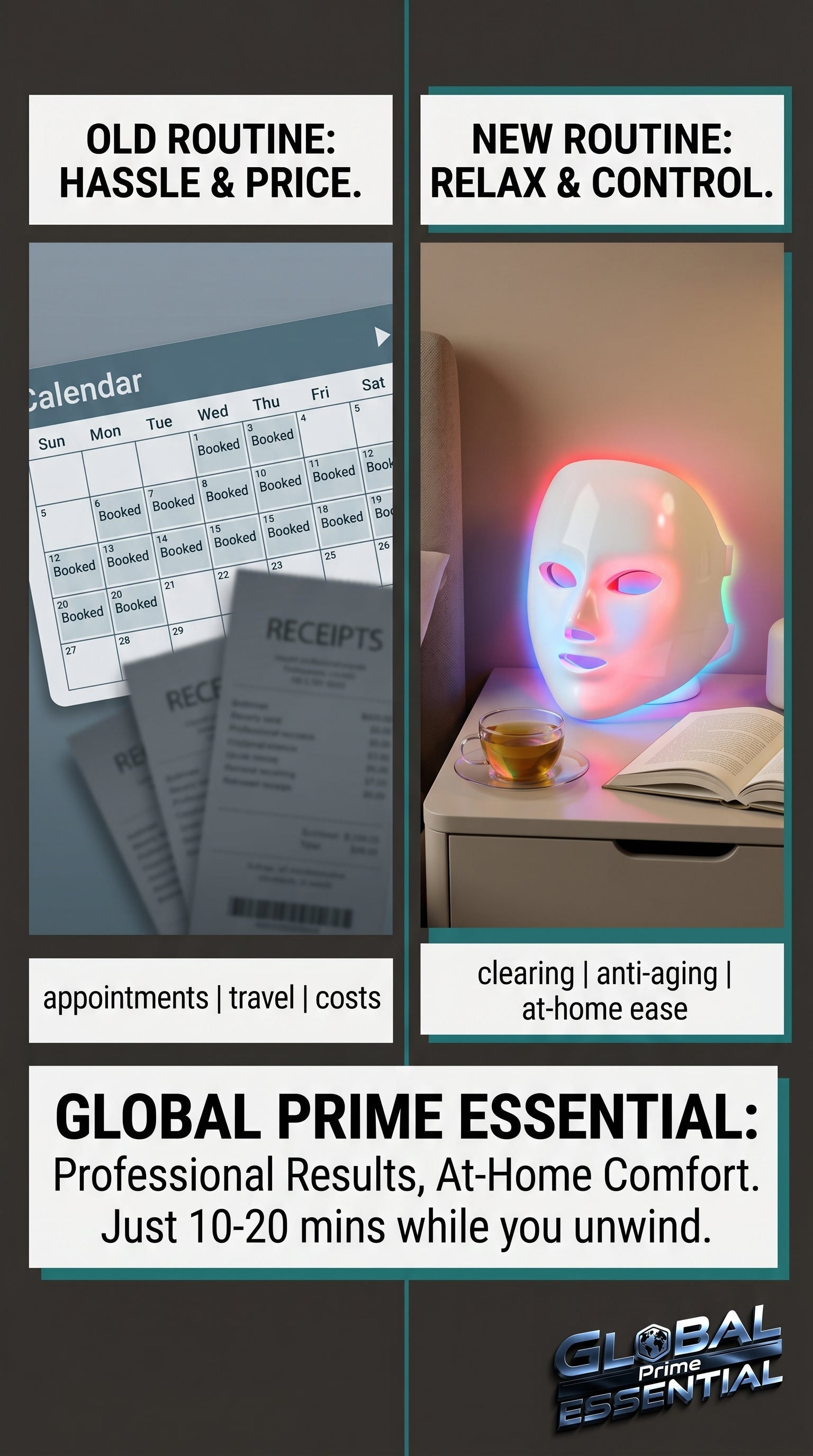 Global Prime Essential therapy mask applied in a skincare salon setting, showcasing professional skincare treatment and relaxation.